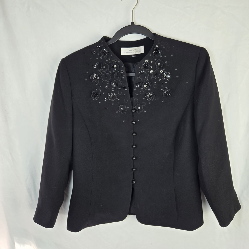 Tahari Arthur S Levine Black Embellish Blazer 8 Sequin Embroidered Glam Sparkle‎